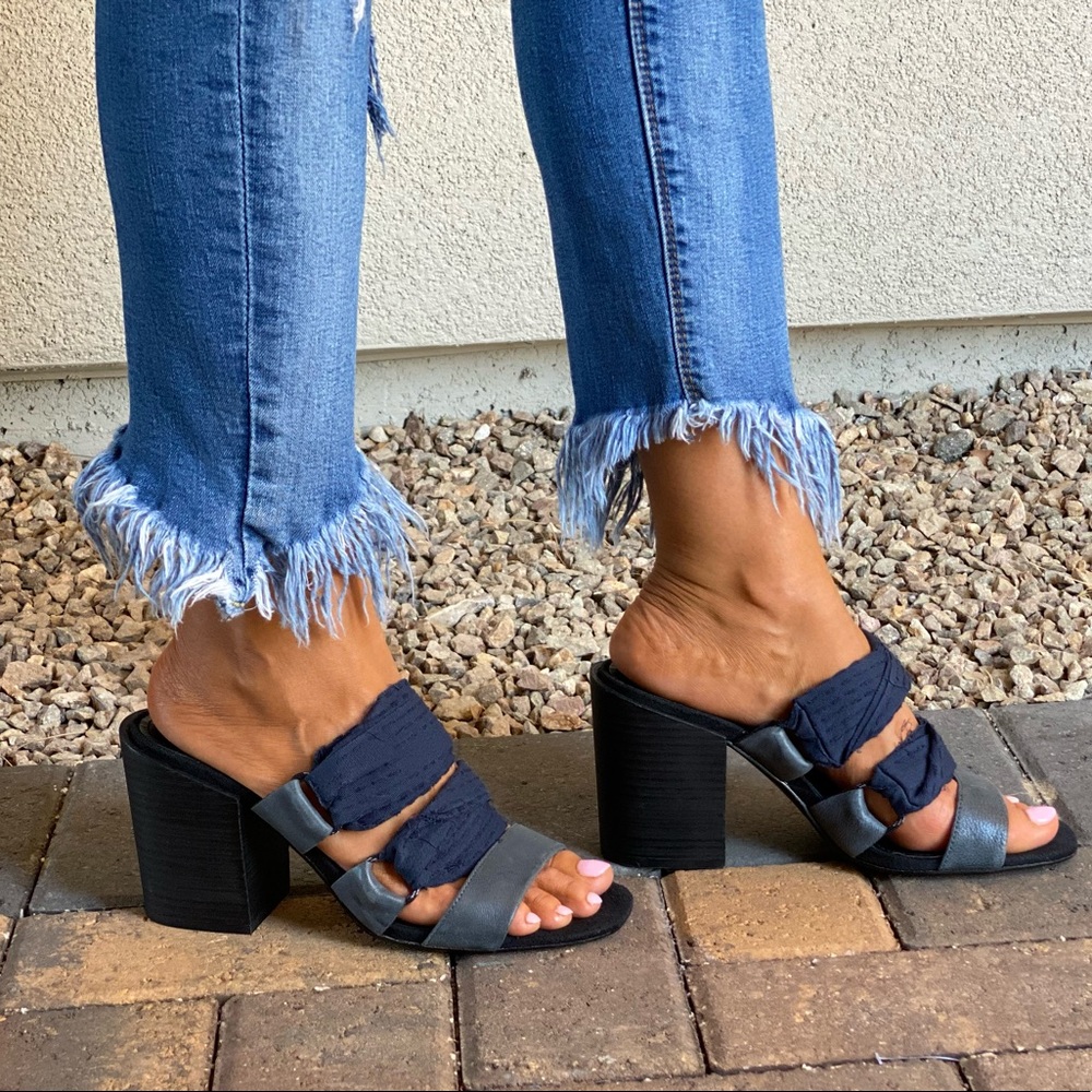 Leather/Fabric Frayed Block Heel Open Toe Mules - Picture 7 of 10
